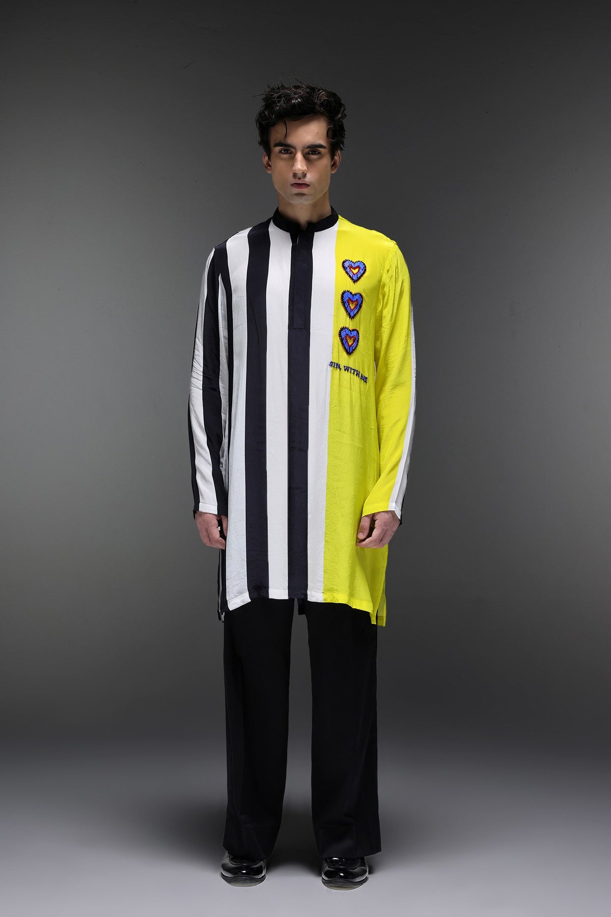 Sin With Me - Hand Embroidered Designer Kurta - Lime Yellow With Stripes