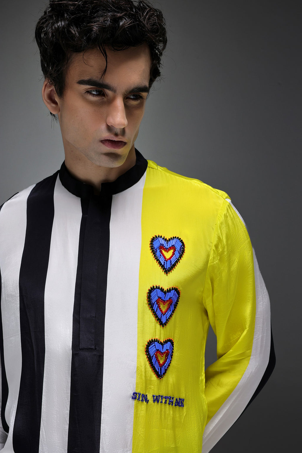 Sin With Me - Hand Embroidered Designer Kurta - Lime Yellow With Stripes