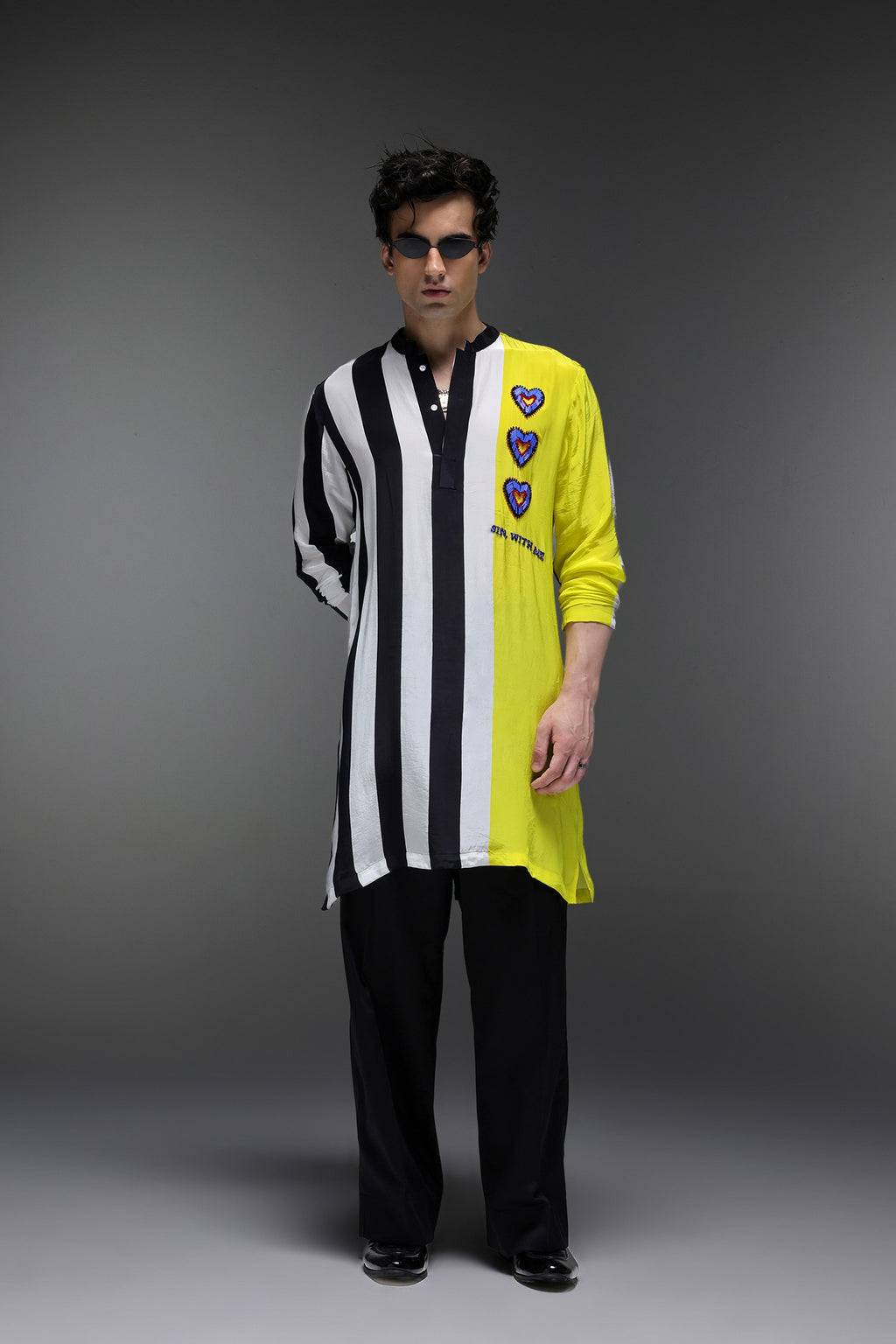Sin With Me - Hand Embroidered Designer Kurta - Lime Yellow With Stripes