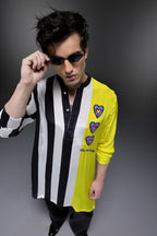 Sin With Me - Hand Embroidered Designer Kurta - Lime Yellow With Stripes