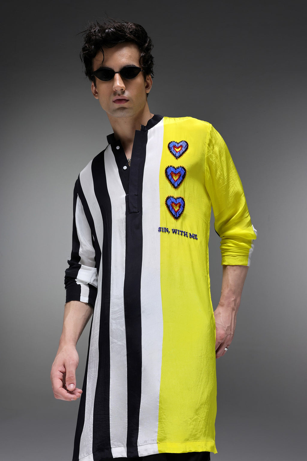 Sin With Me - Hand Embroidered Designer Kurta - Lime Yellow With Stripes