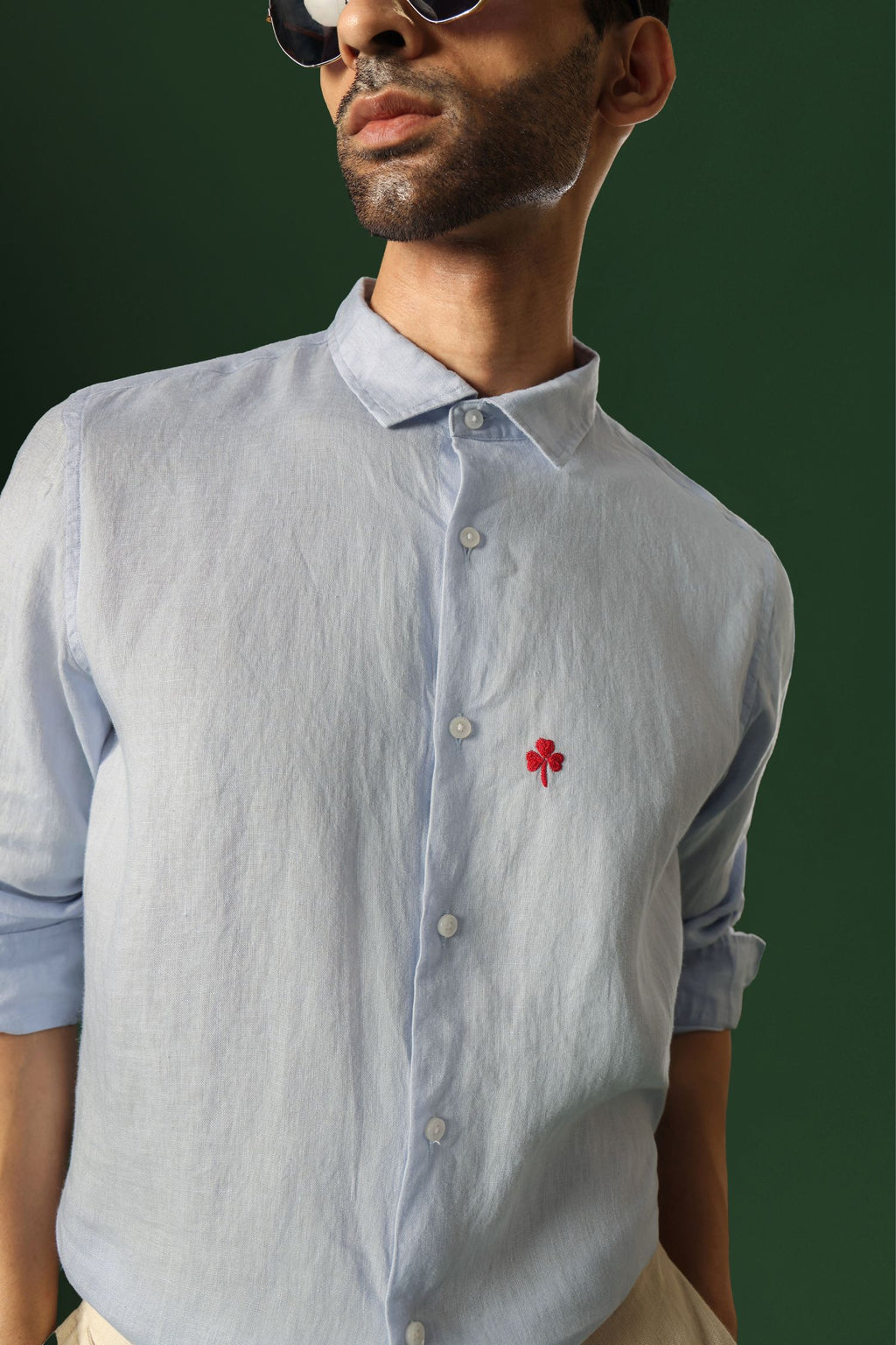 Leaf Hand Embroidered Irish Linen Shirt - Light Blue