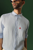 Leaf Hand Embroidered Irish Linen Shirt - Light Blue