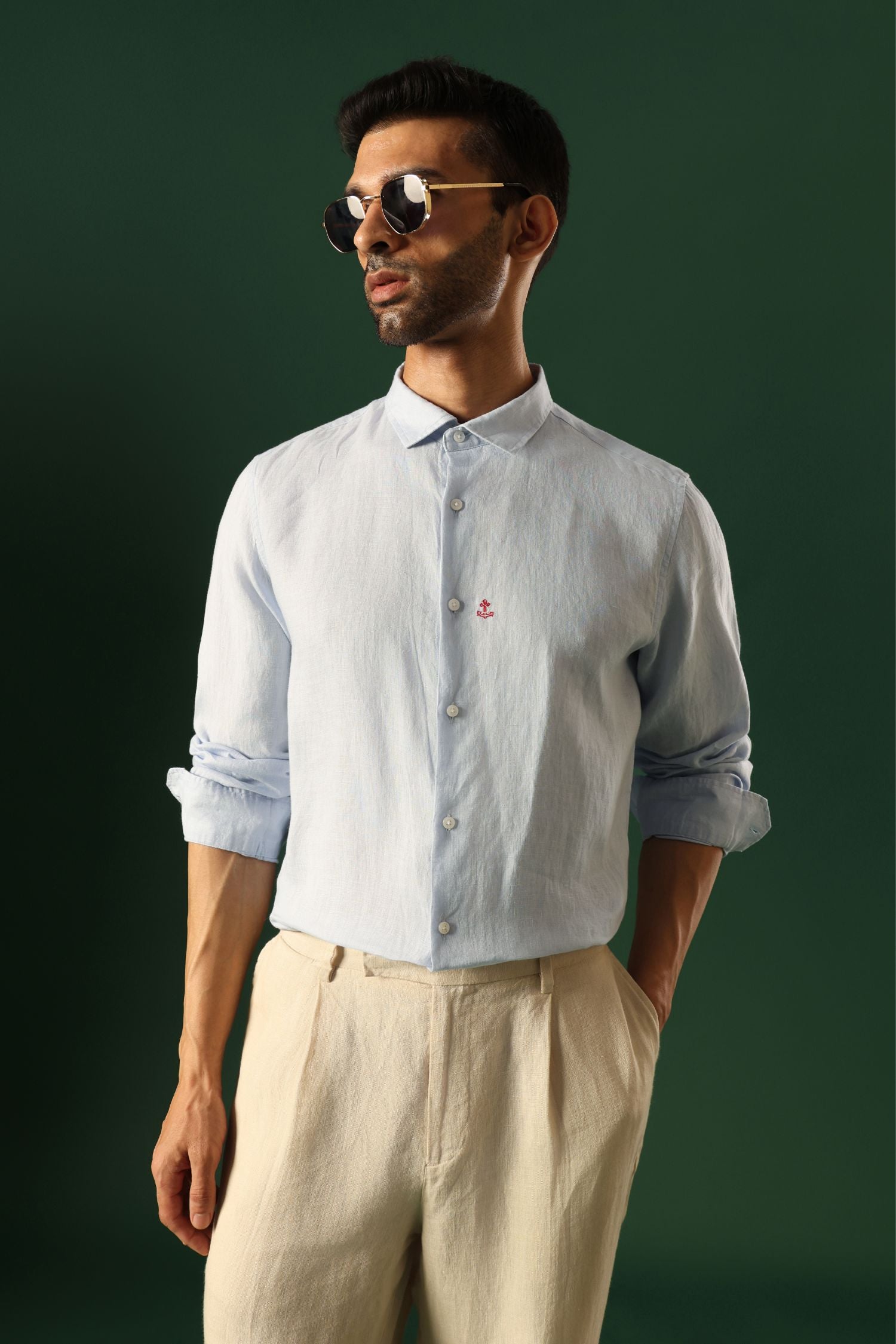 Anchor Hand Embroidered Irish Linen Shirt - Light Blue