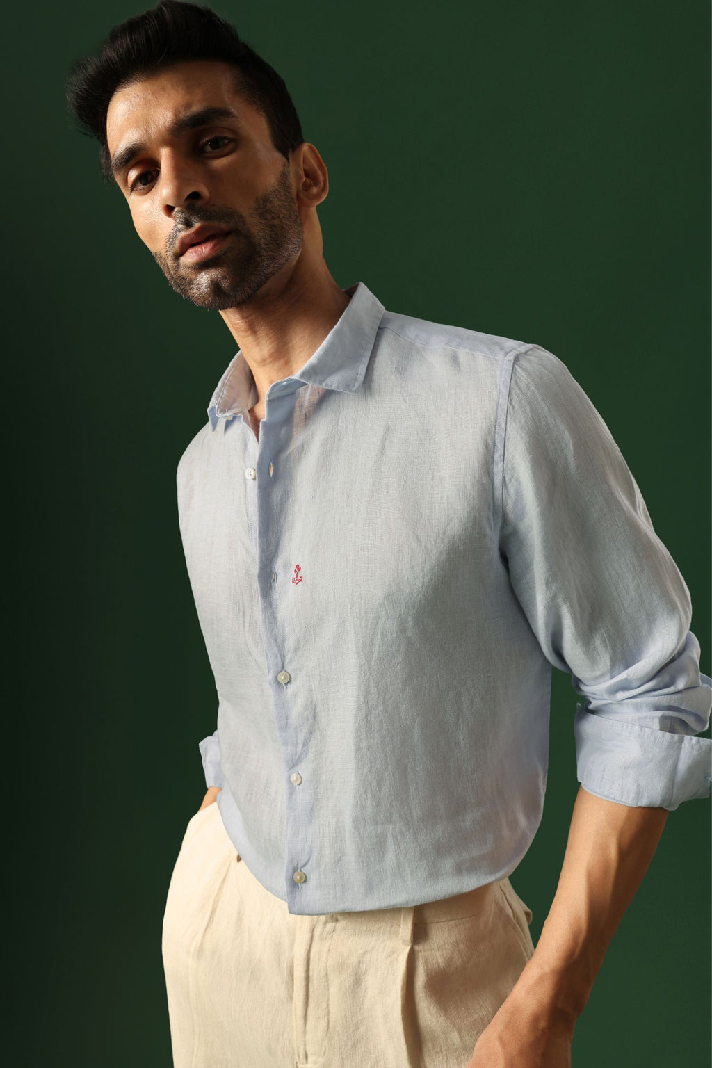 Anchor Hand Embroidered Irish Linen Shirt - Light Blue