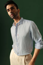 Anchor Hand Embroidered Irish Linen Shirt - Light Blue