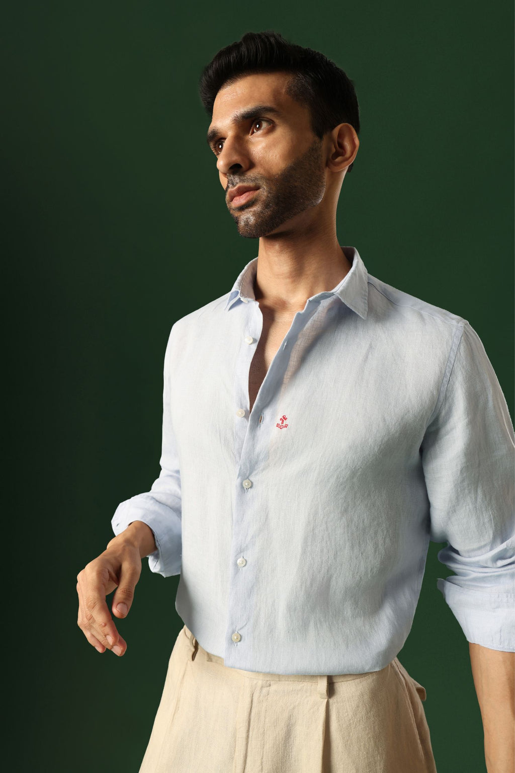 Anchor Hand Embroidered Irish Linen Shirt - Light Blue