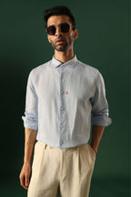 Anchor Hand Embroidered Irish Linen Shirt - Light Blue