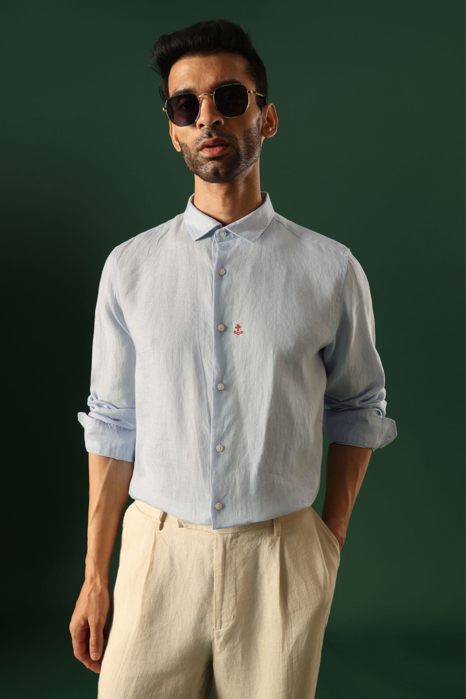 Anchor Hand Embroidered Irish Linen Shirt - Light Blue