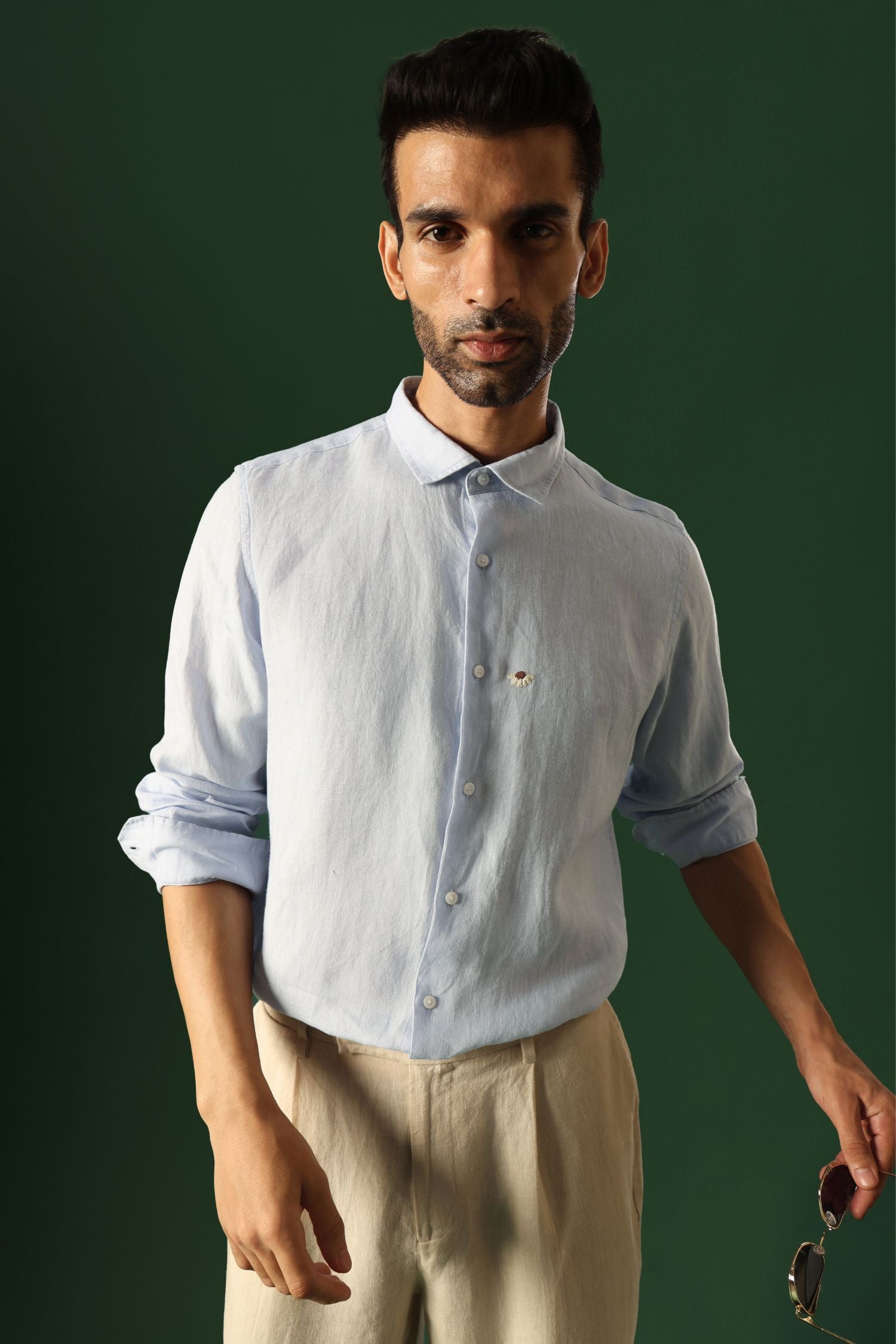 Daisy Hand Embroidered Irish Linen Shirt - Light Blue