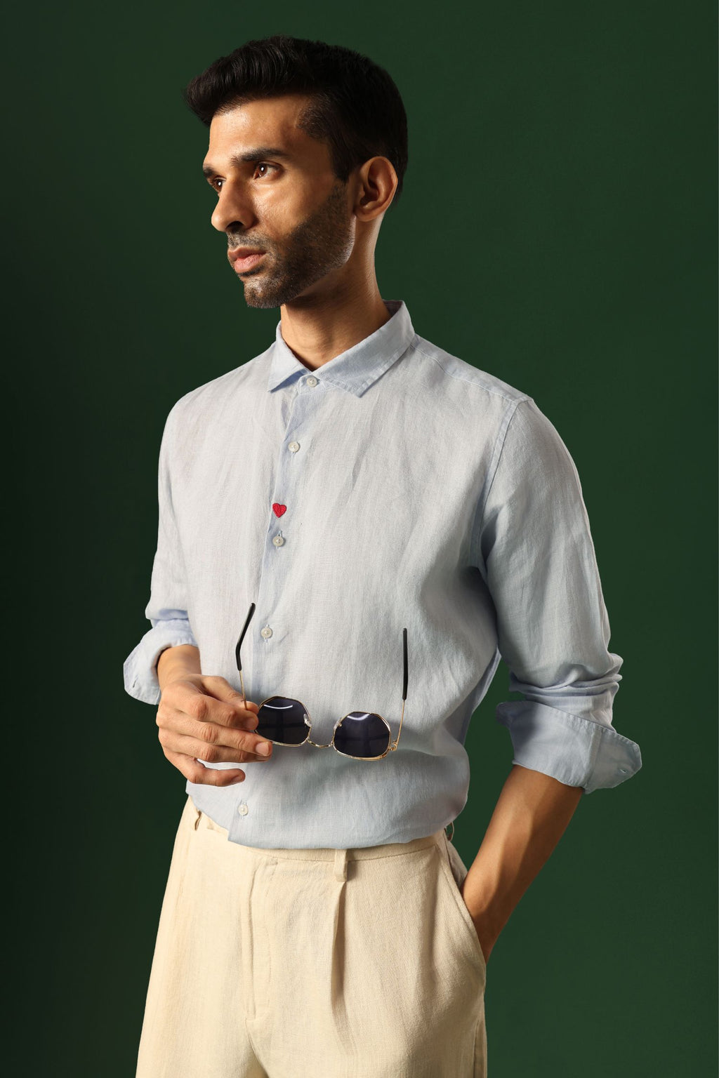 Heart Hand Embroidered Irish Linen Shirt - Light Blue