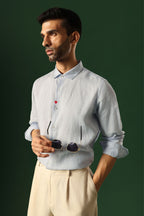 Heart Hand Embroidered Irish Linen Shirt - Light Blue