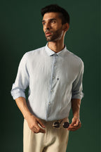 Owl Hand Embroidered Irish Linen Shirt - Light Blue