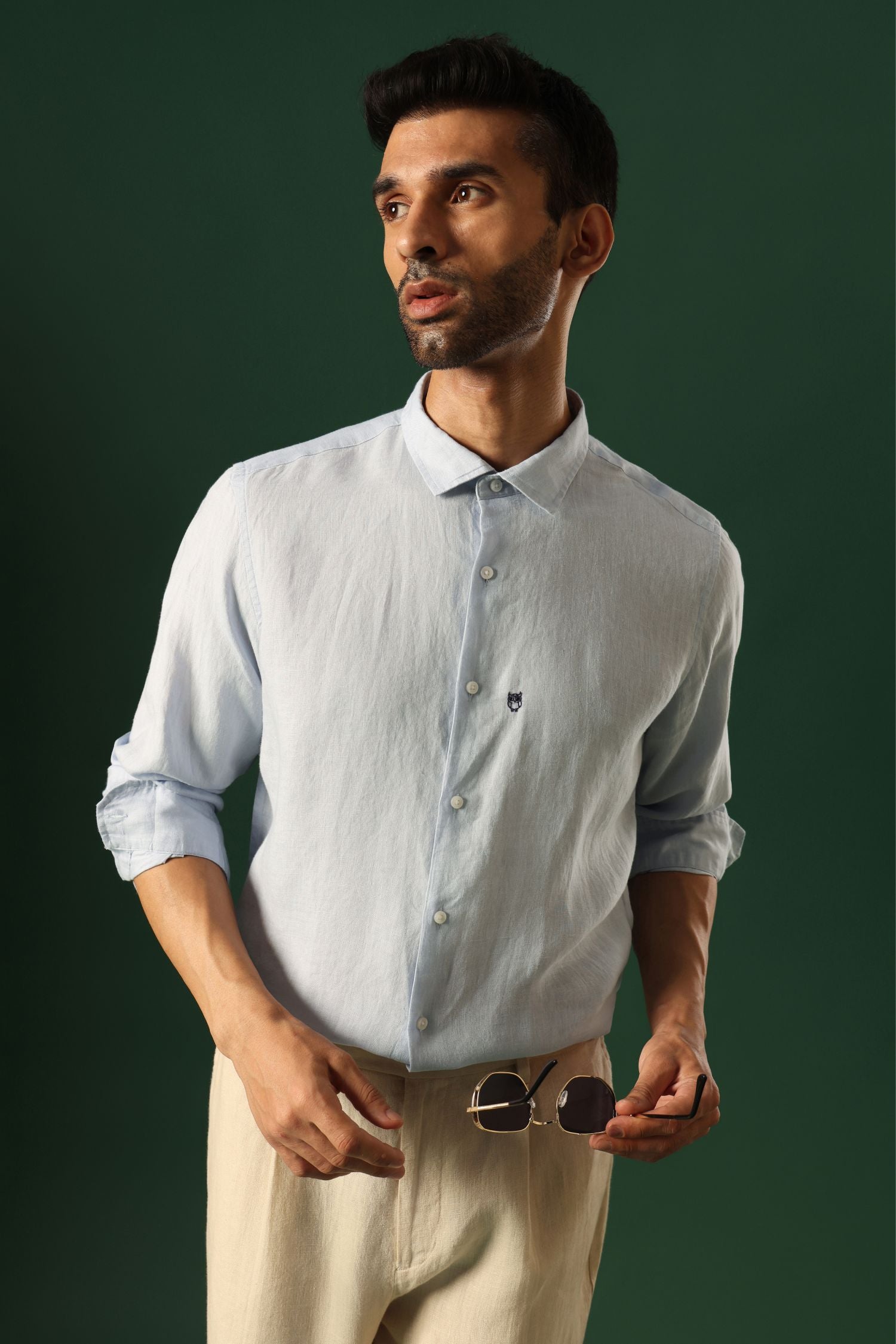 Owl Hand Embroidered Irish Linen Shirt - Light Blue