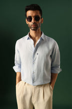 Owl Hand Embroidered Irish Linen Shirt - Light Blue