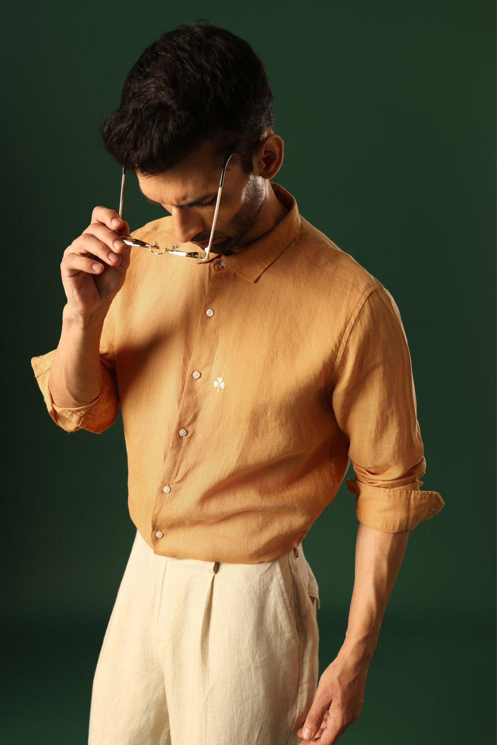 Leaf Hand Embroidered Irish Linen Shirt - Pumpkin