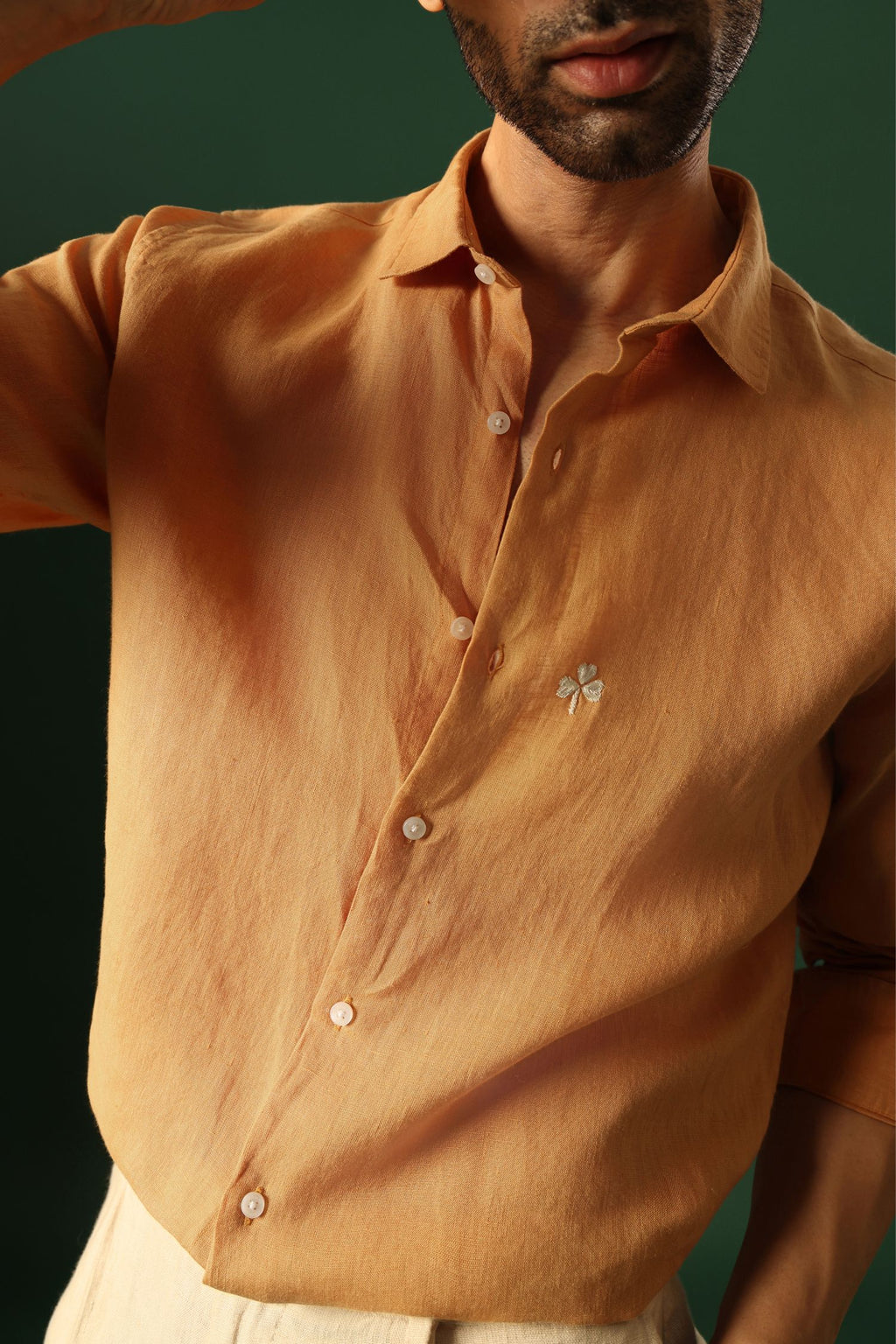 Leaf Hand Embroidered Irish Linen Shirt - Pumpkin