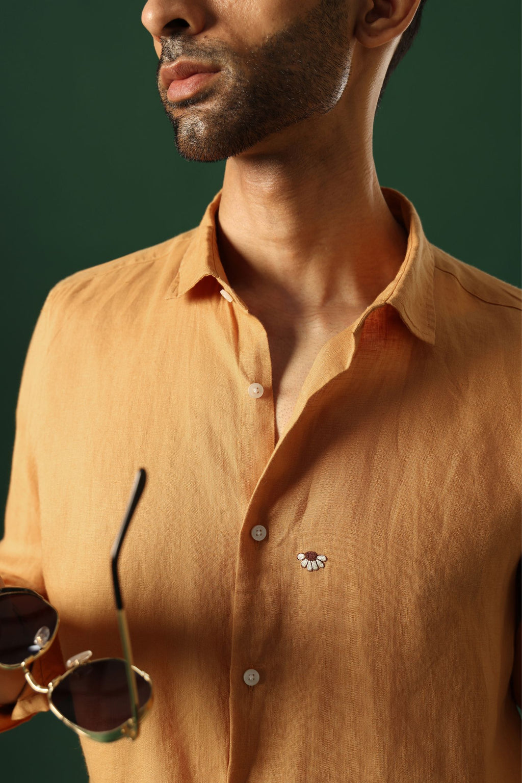 Daisy Hand EmbroideredIrish Linen Shirt - Pumpkin