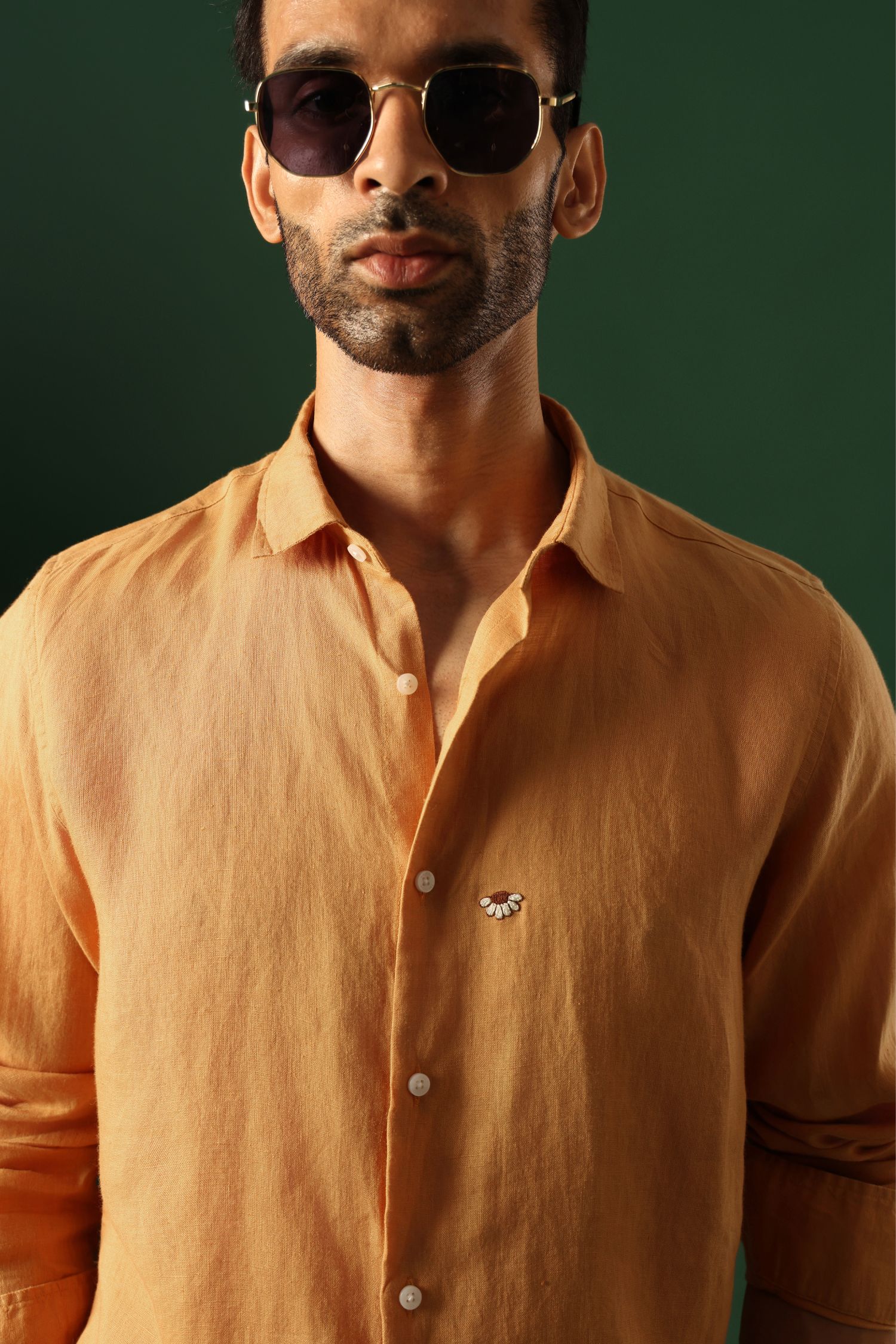 Daisy Hand EmbroideredIrish Linen Shirt - Pumpkin