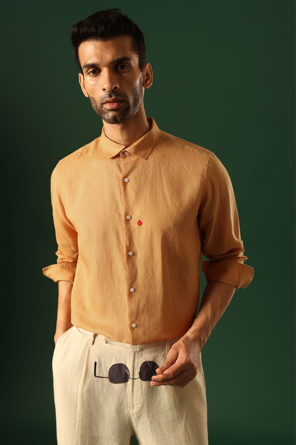 Spade Hand Embroidered Irish Linen Shirt - Pumpkin