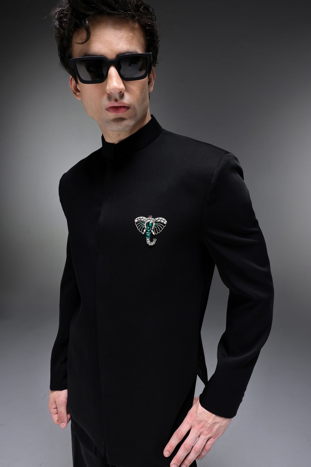 Tusk(Elephant) - Hand Embroidered Bandhgala - Black