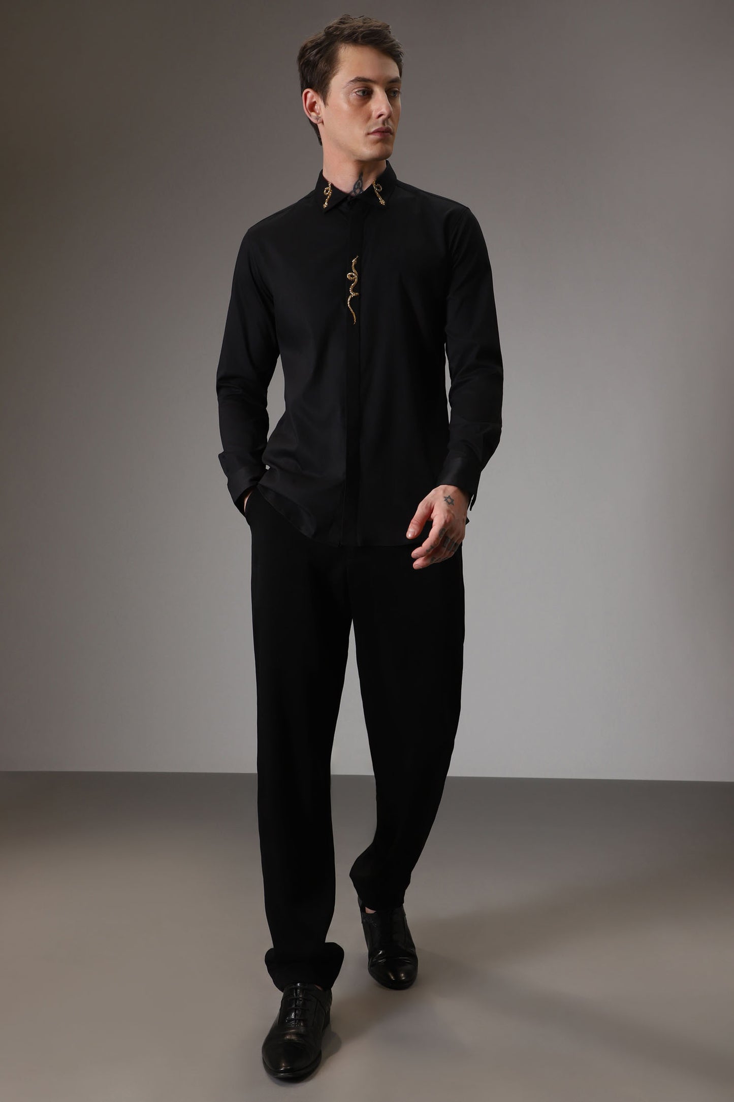 Snake hand embroidered designer shirt -Black