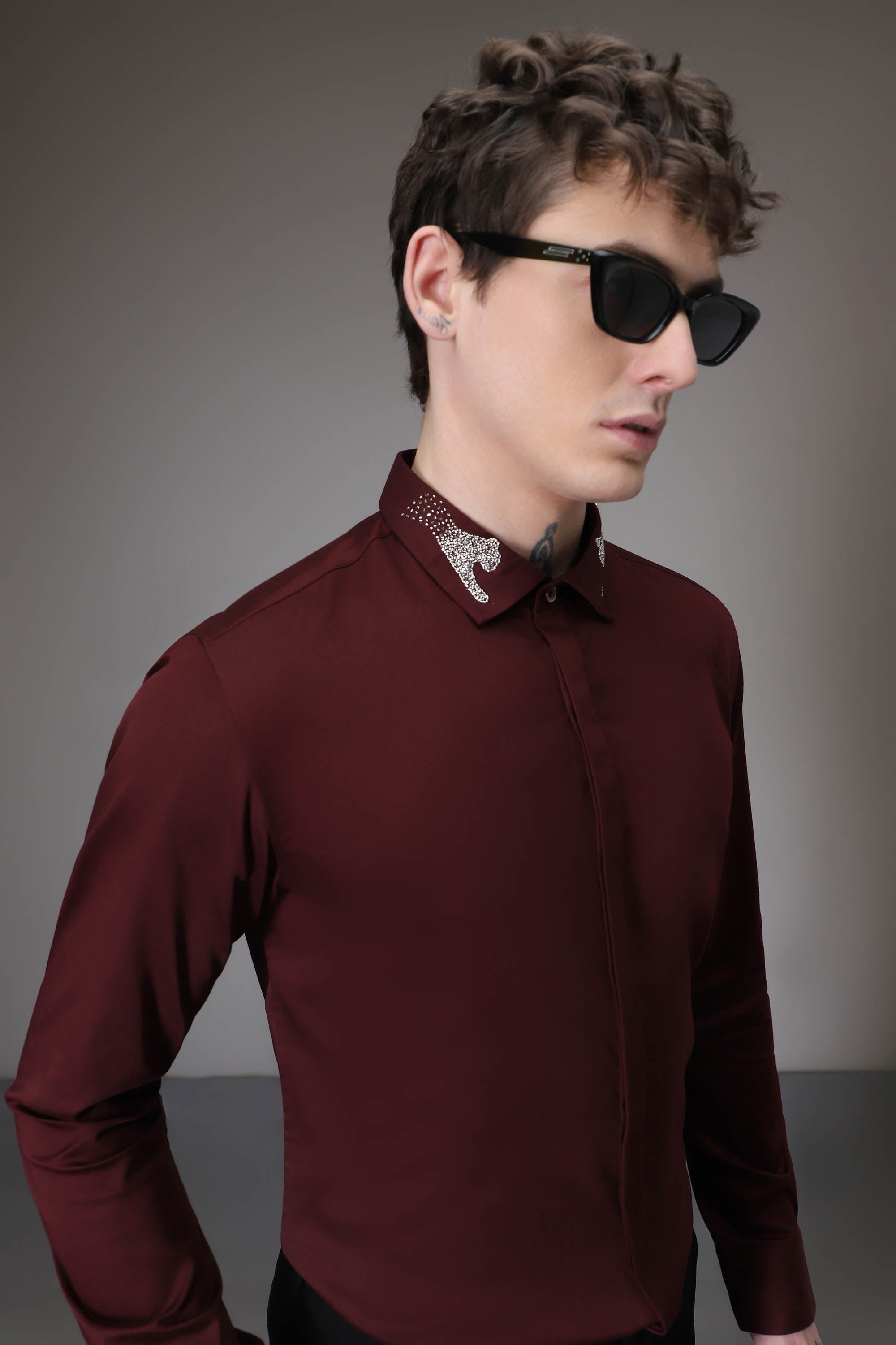 Panther Pounce hand embroidered designer shirt - Wine
