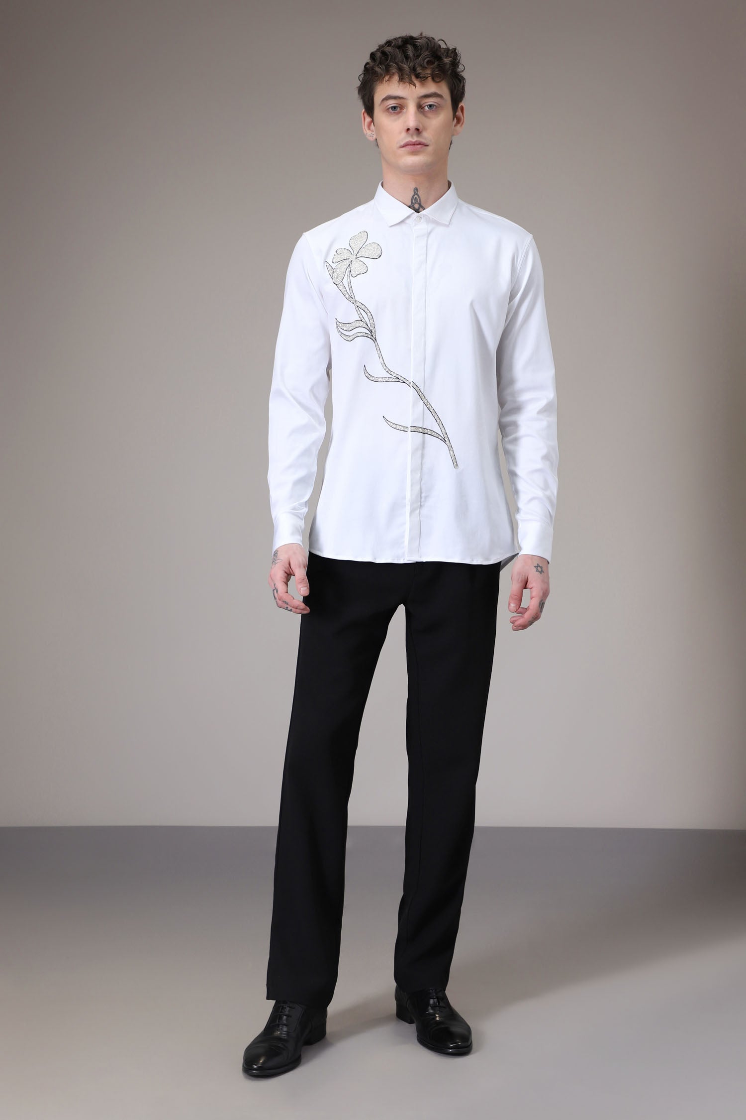 Long Flower hand embroidered designer shirt -White