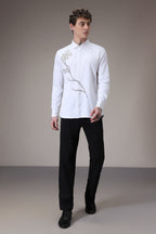 Long Flower hand embroidered designer shirt -White