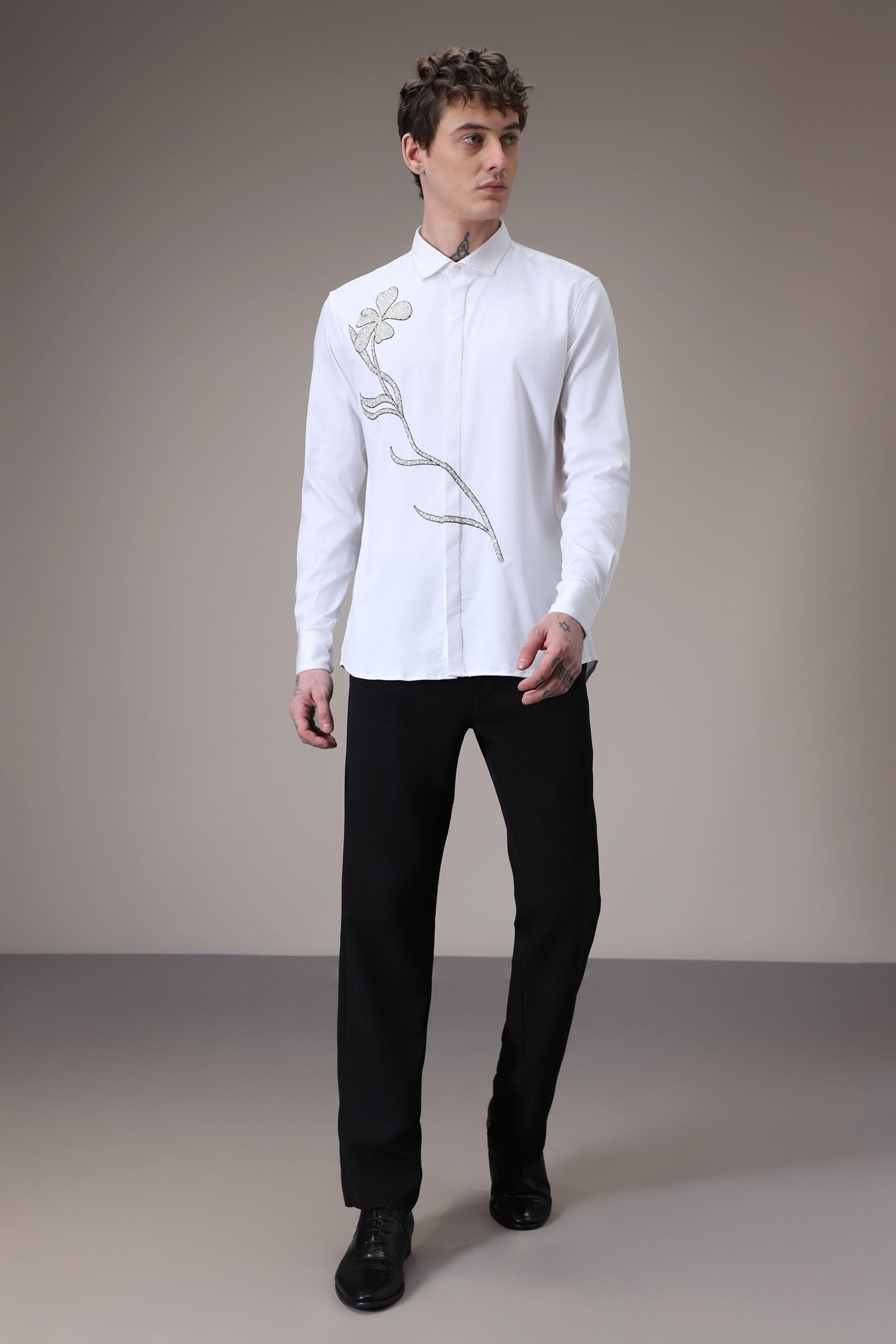 Long Flower hand embroidered designer shirt -White