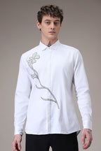 Long Flower hand embroidered designer shirt -White