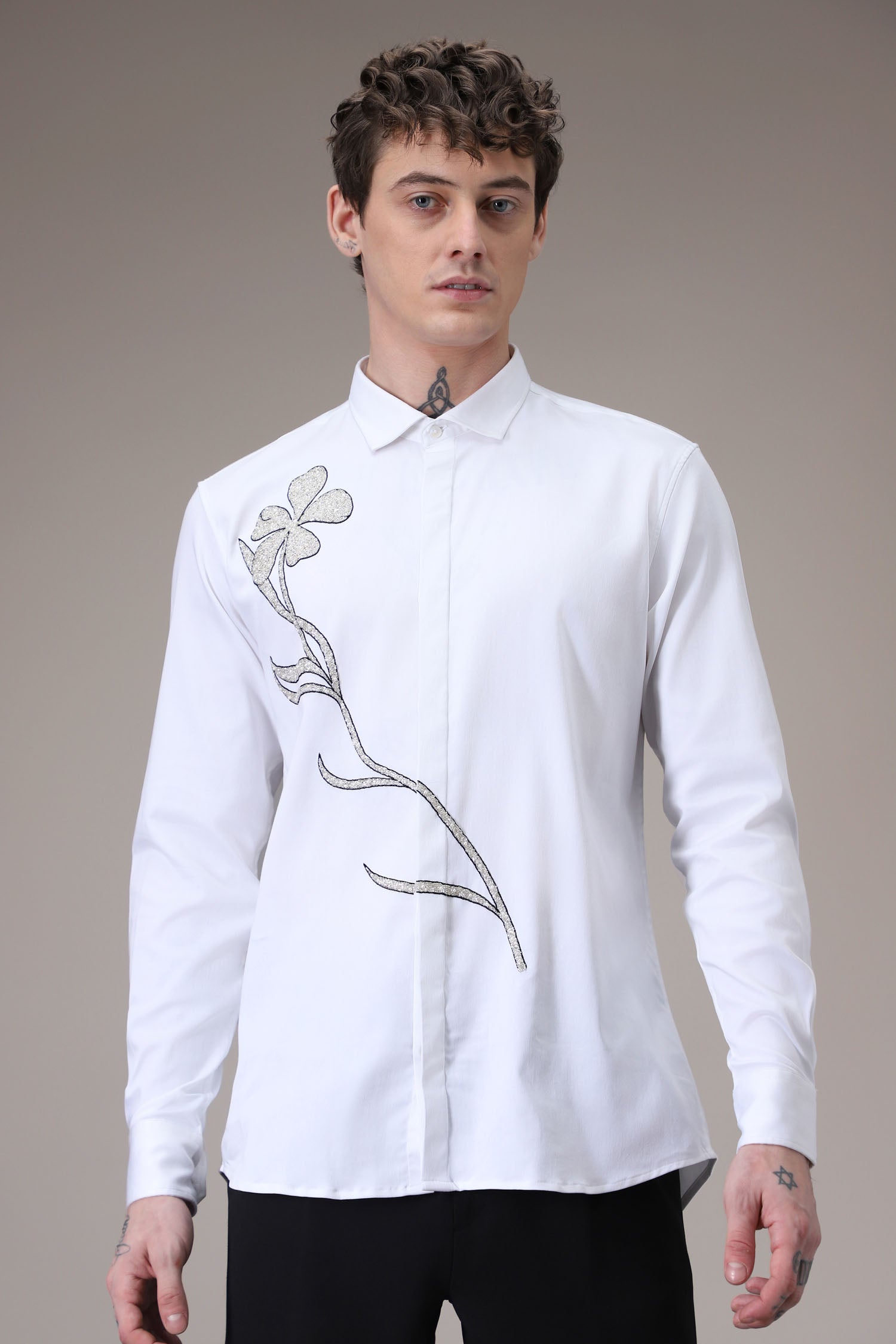 Long Flower hand embroidered designer shirt -White