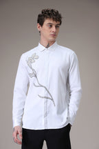 Long Flower hand embroidered designer shirt -White