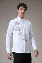 Long Flower hand embroidered designer shirt -White