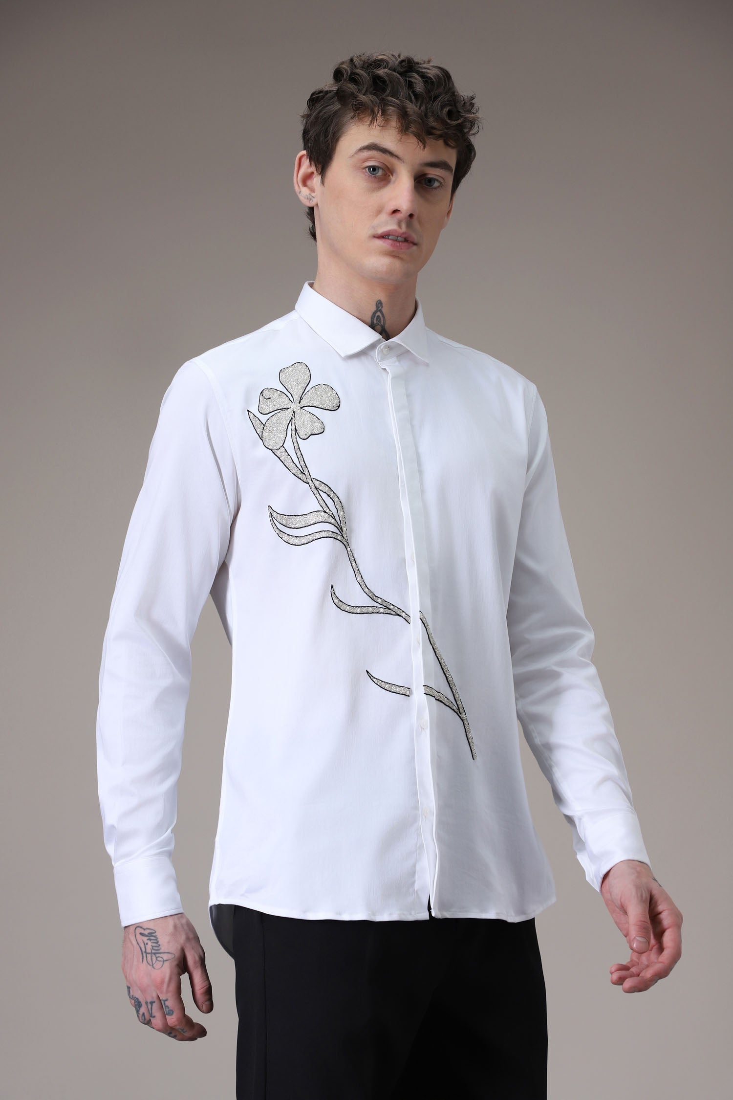 Long Flower hand embroidered designer shirt -White