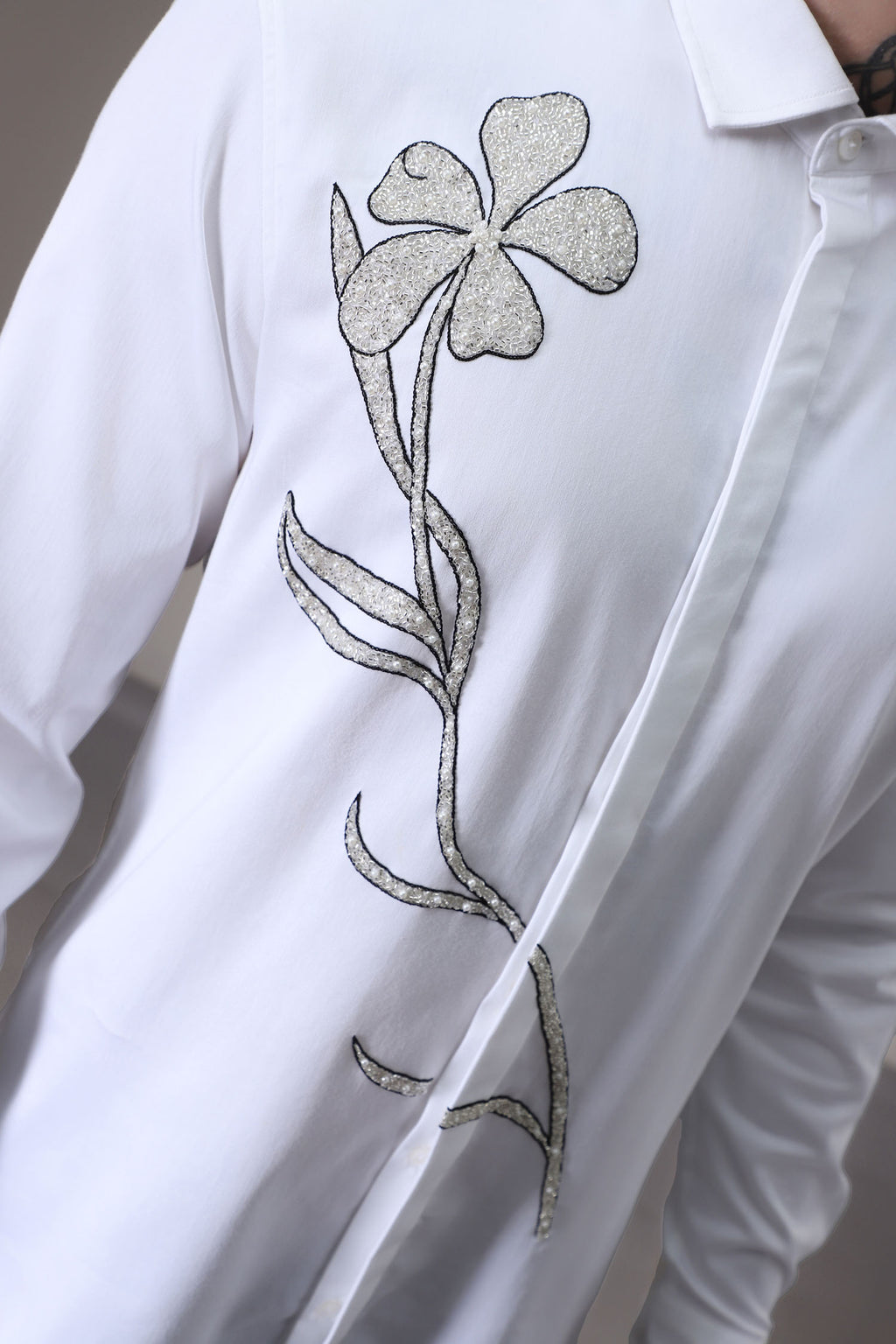 Long Flower hand embroidered designer shirt -White
