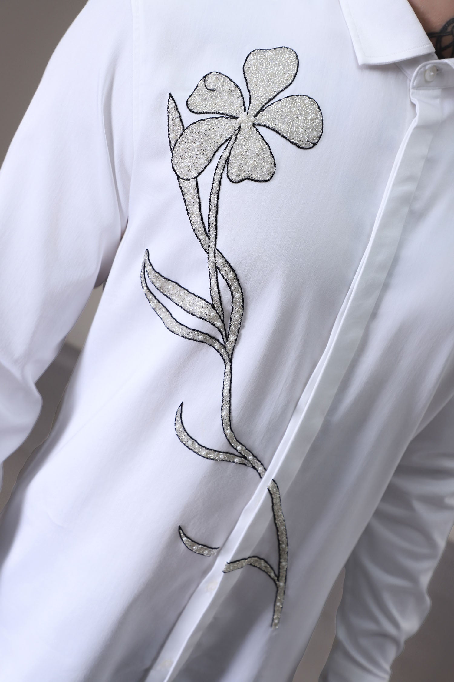 Long Flower hand embroidered designer shirt -White