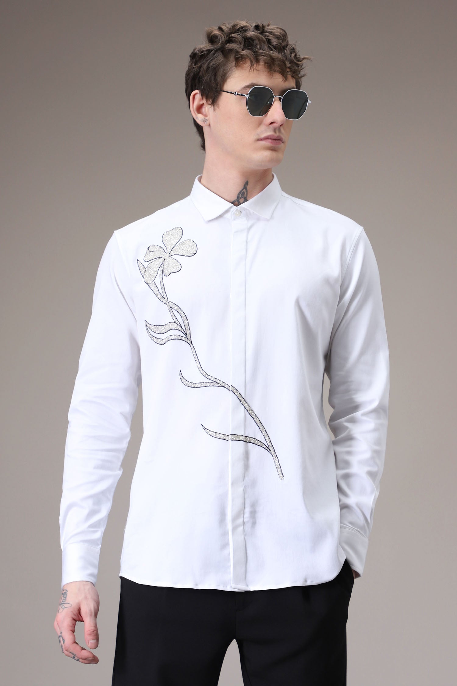 Long Flower hand embroidered designer shirt -White