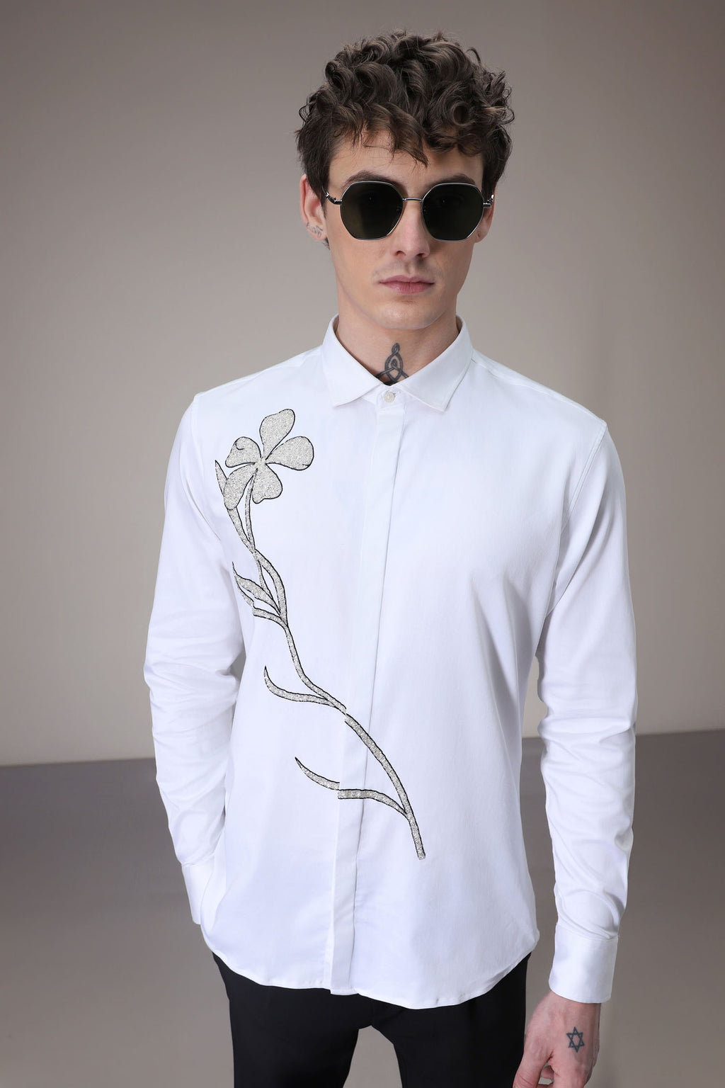 Long Flower hand embroidered designer shirt -White