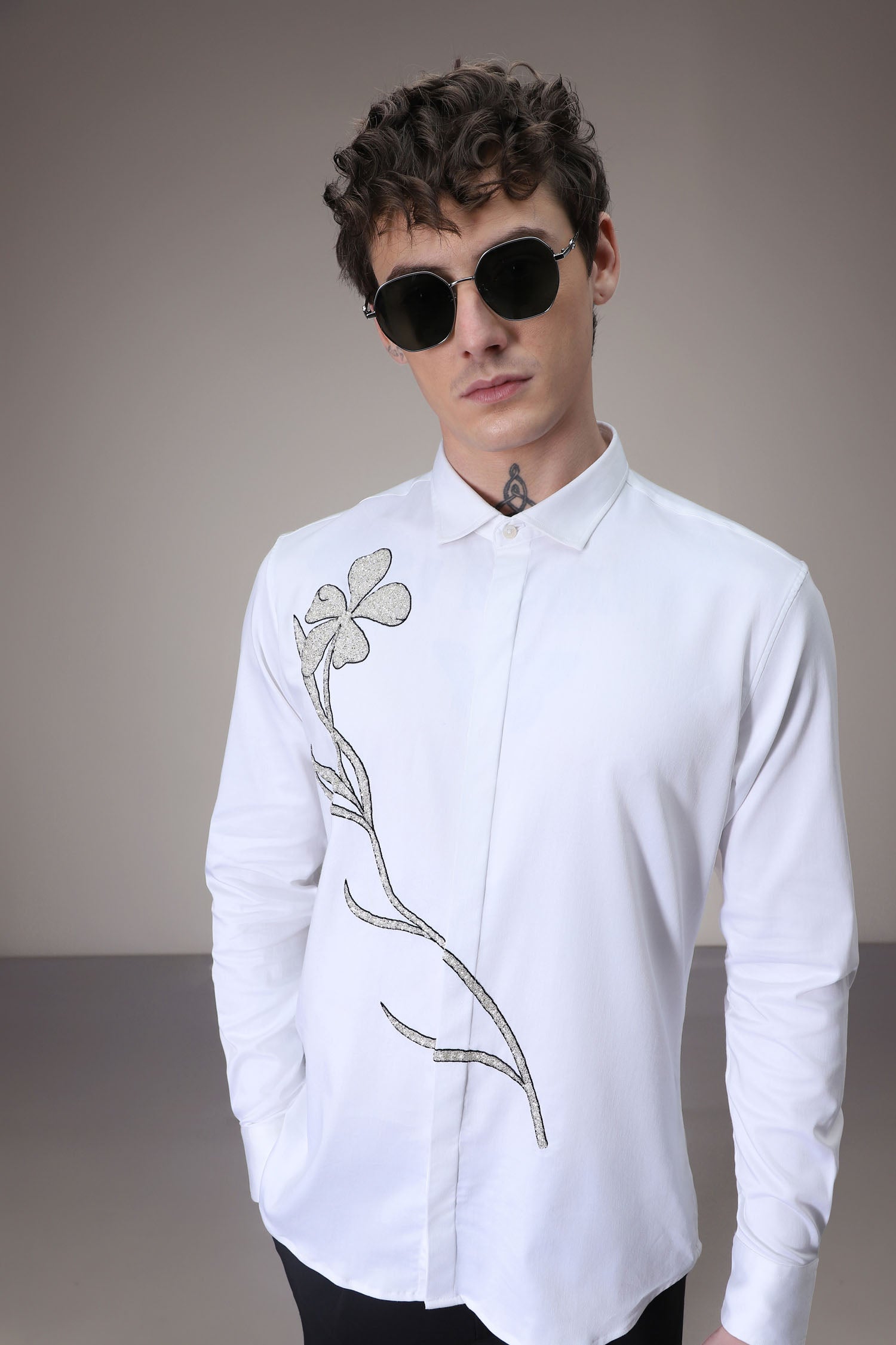 Long Flower hand embroidered designer shirt -White