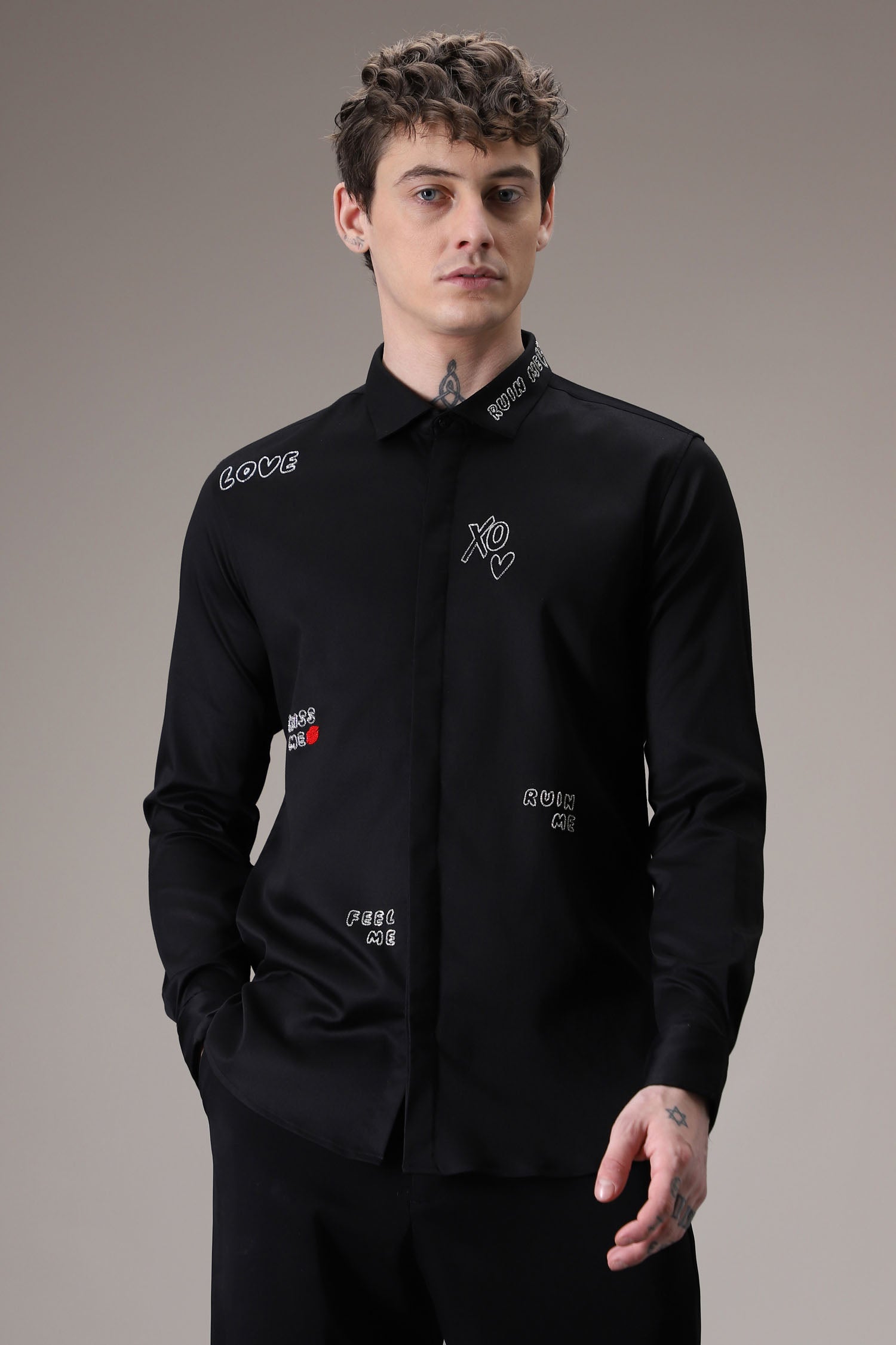 Xoxo hand embroidered designer shirt - Black