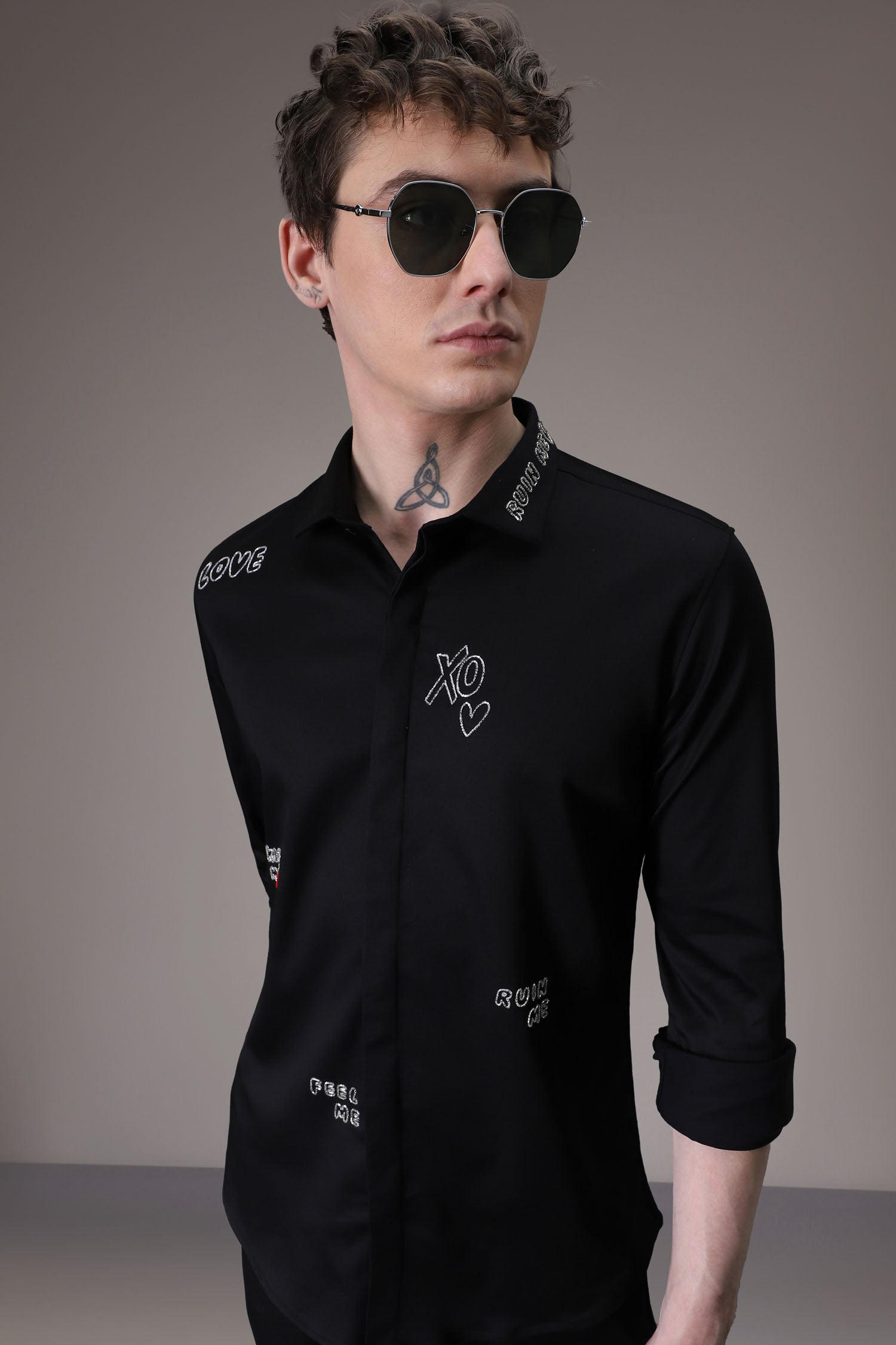 Xoxo hand embroidered designer shirt - Black