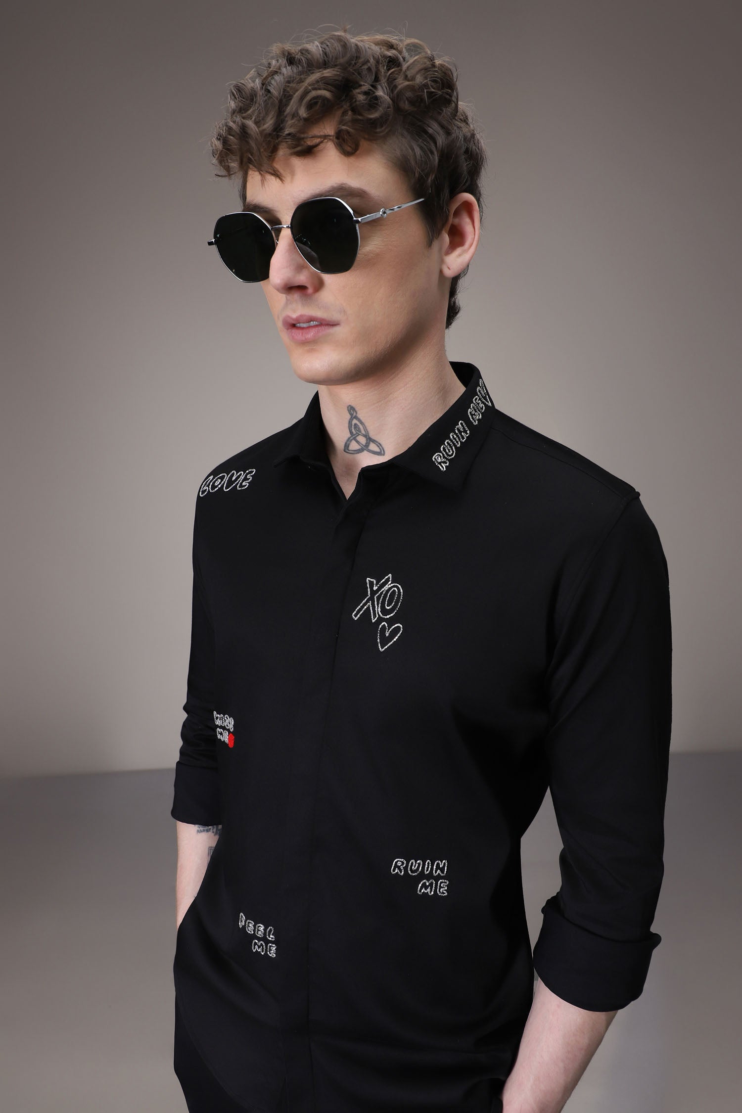 Xoxo hand embroidered designer shirt - Black