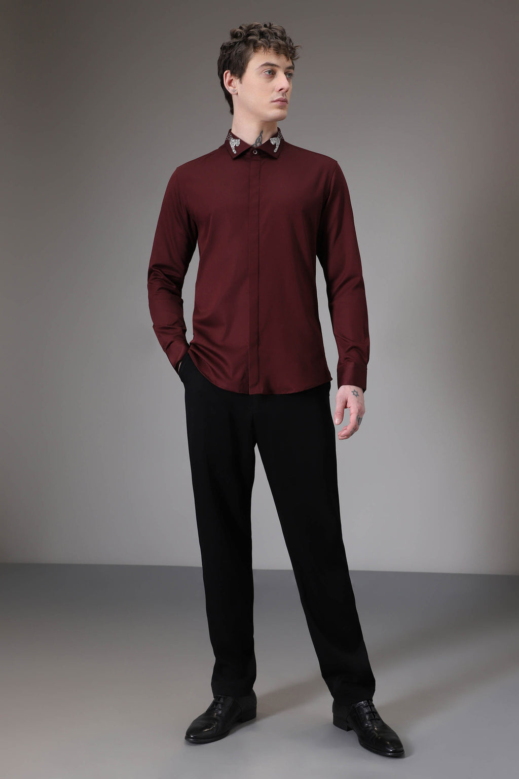 Panther Pounce hand embroidered designer shirt - Wine