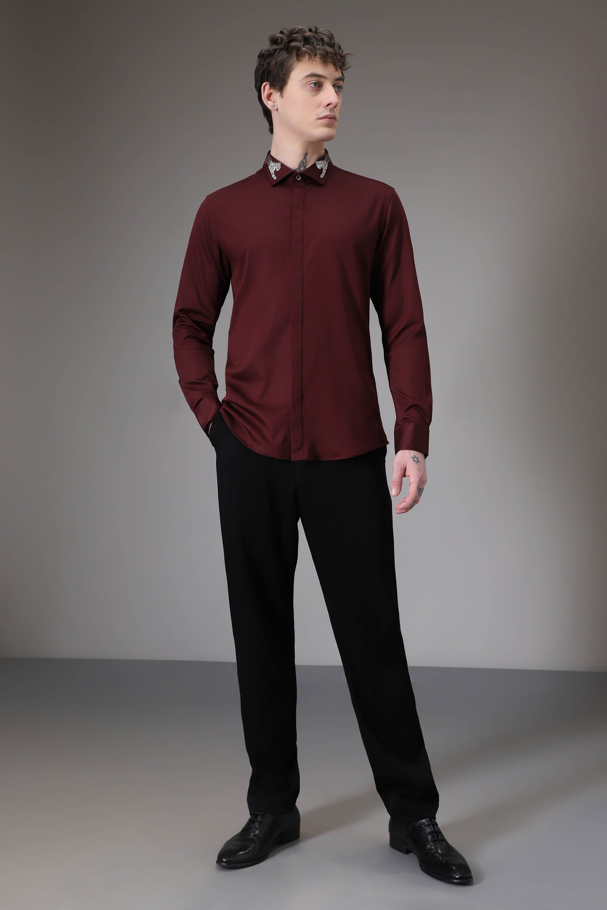 Panther Pounce hand embroidered designer shirt - Wine
