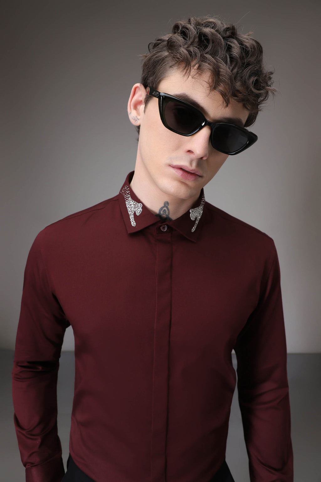 Panther Pounce hand embroidered designer shirt - Wine