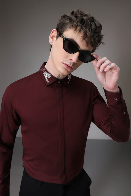 Panther Pounce hand embroidered designer shirt - Wine