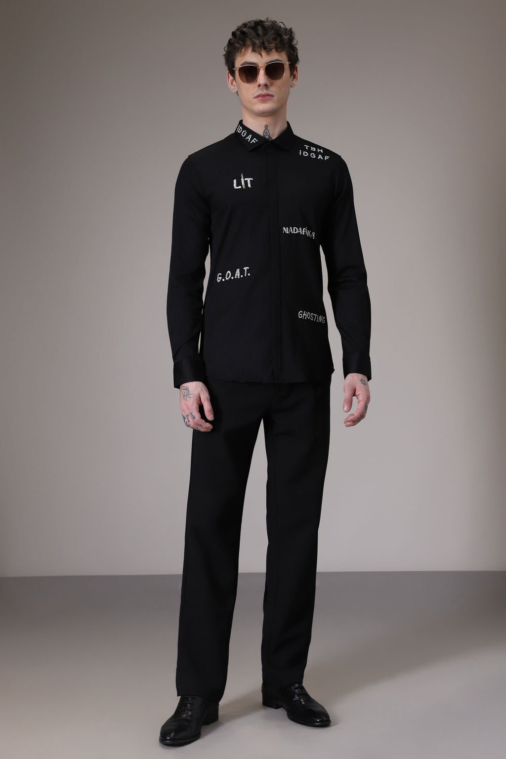 Idgaf hand embroidered designer shirt - Black