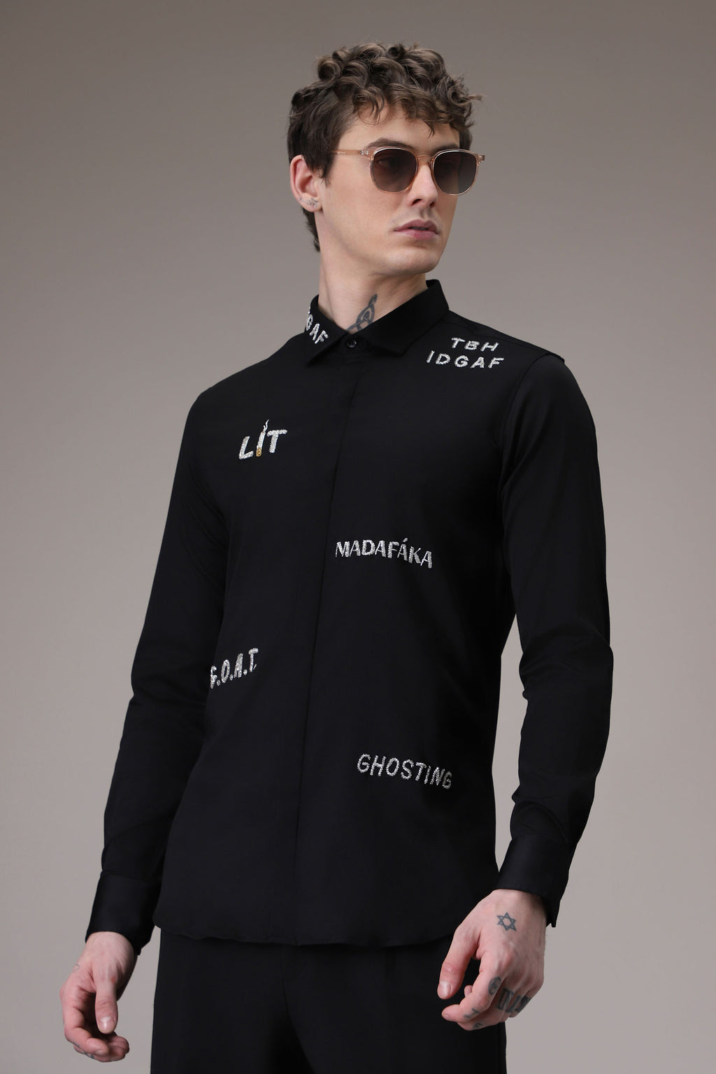 Idgaf hand embroidered designer shirt - Black