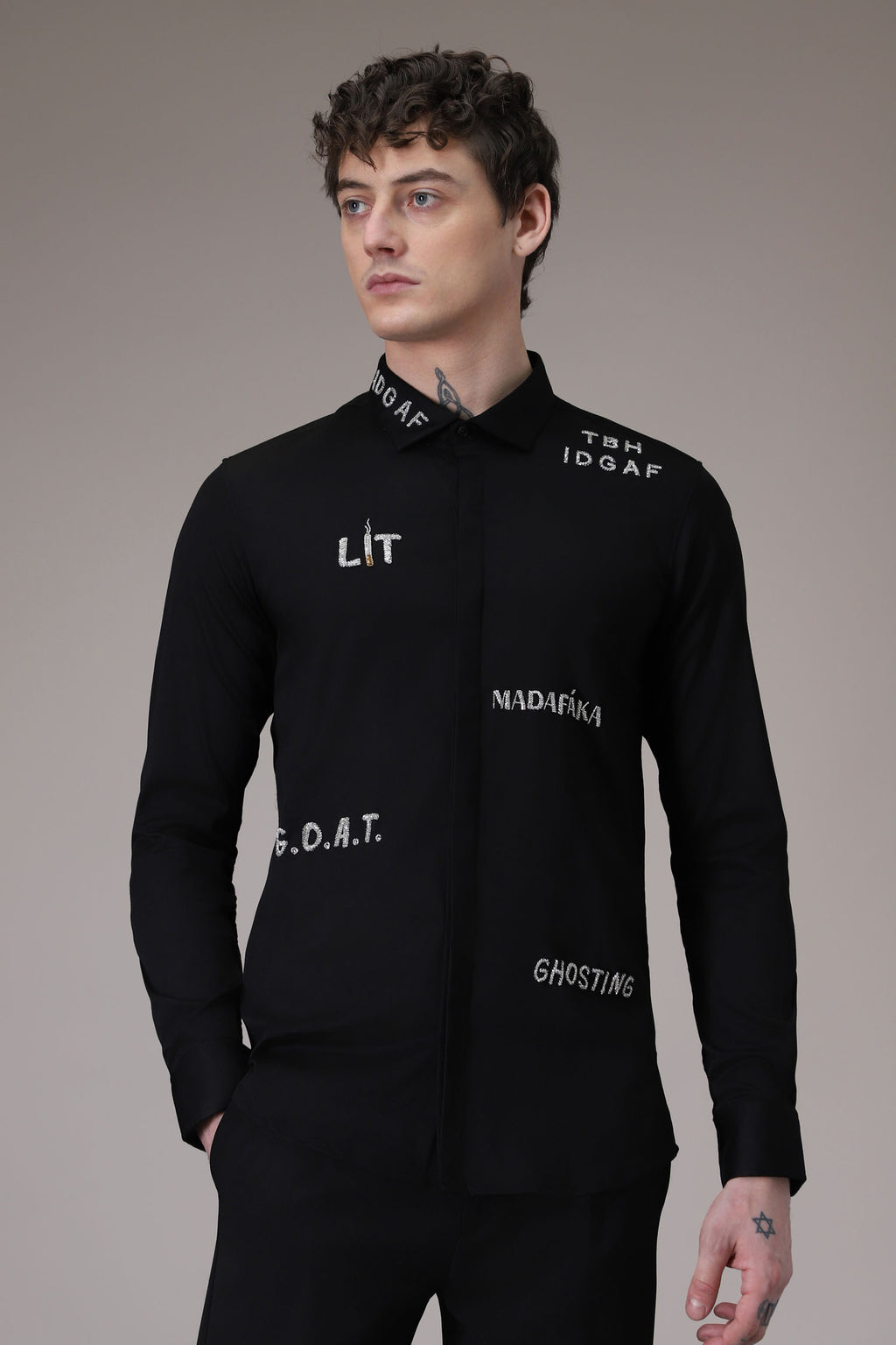 Idgaf hand embroidered designer shirt - Black
